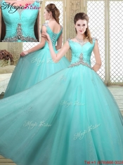 Luxurious Straps Beading Sweet 16 Dresses in Aqua Blue