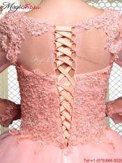 Pretty Bateau Long Sleeves Beading and Appliques Quinceanera Dresses