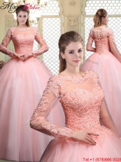 Pretty Bateau Long Sleeves Beading and Appliques Quinceanera Dresses