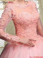 Pretty Bateau Long Sleeves Beading and Appliques Quinceanera Dresses