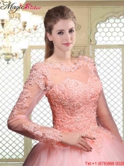 Pretty Bateau Long Sleeves Beading and Appliques Quinceanera Dresses