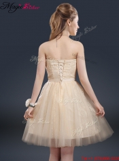 2016 Fashionable Strapless Lace Champagne Prom Dresses