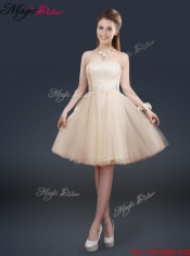 2016 Fashionable Strapless Lace Champagne Prom Dresses
