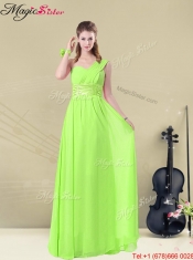 Affordable One Shoulder Floor Length Prom Dresses with Ruching and Belt