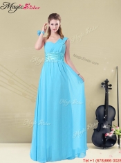 Affordable One Shoulder Floor Length Prom Dresses with Ruching and Belt