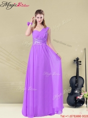 Affordable One Shoulder Floor Length Prom Dresses with Ruching and Belt