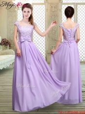 Cheap Square Cap Sleeves Lavender Prom Dresses with Belt