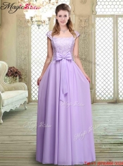 Cheap Square Cap Sleeves Lavender Prom Dresses with Belt