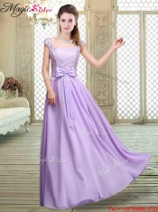 Cheap Square Cap Sleeves Lavender Prom Dresses with Belt