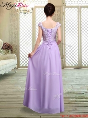 Cheap Square Cap Sleeves Lavender Prom Dresses with Belt