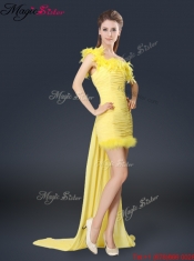 Sweet One Shoulder Watteau Train Prom Dresses in Yellow