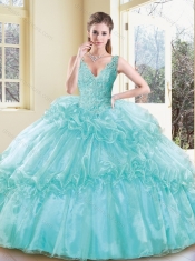 2016 Modest V Neck Quinceanera Dresses with Appliques and Ruffles