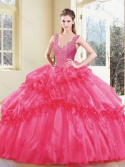 2016 Modest V Neck Quinceanera Dresses with Appliques and Ruffles