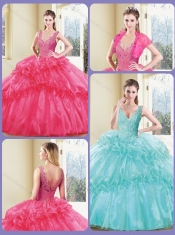 2016 Modest V Neck Quinceanera Dresses with Appliques and Ruffles