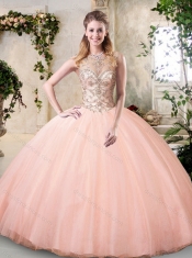 2016 Pretty Bateau Peach Quinceanera Dresses with Beading