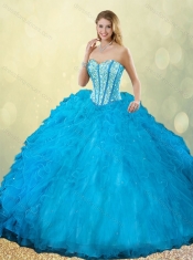 2016 Pretty Sweetheart Beading Blue Quinceanera Dress with Ruffles