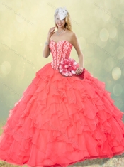 Pretty Coral Red Quinceanera Gowns with Beading and Ruffles for Fall