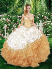 2015 Sweet Ball Gown Champagne Quinceanera Dresses with Beading