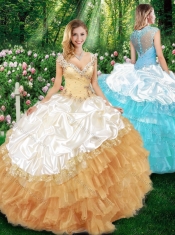 2015 Sweet Ball Gown Champagne Quinceanera Dresses with Beading