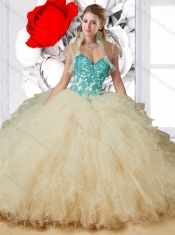 2016 Exquisite Sweetheart Champagne Quinceanera Dresses with Appliques and Ruffles