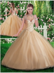 2016 Simple A Line Champange Quinceanera Gowns with Beading and Appliques