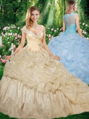 Gorgeous Straps Brush Train Quinceanera Gowns with Beading