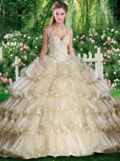New Styles  Straps Champange Sweet 16 Dresses with Beading and Ruffled Layers