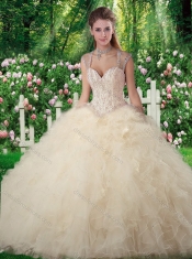 Romantic Ball Gown Champange Sweet 16 Dresses with Beading and Ruffles