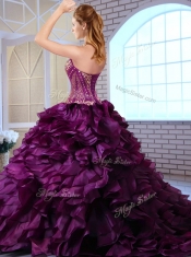 Best Brush Train Ruffles and Appliques Quinceanera Gowns in Wine Red