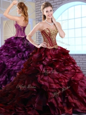 Best Brush Train Ruffles and Appliques Quinceanera Gowns in Wine Red
