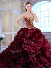 Best Brush Train Ruffles and Appliques Quinceanera Gowns in Wine Red