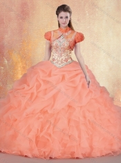 Customized Brush Train Sweet 16 Gowns with Ruffles and Pick Ups