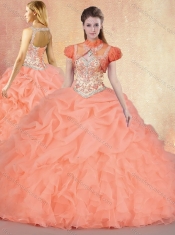 Customized Brush Train Sweet 16 Gowns with Ruffles and Pick Ups