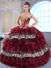 Fashionable Sweetheart Ball Gown Ruffled Layers and Zebra Sweet 16 Dresses