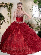 Gorgeous Brush Train Wine Red Quinceanera Gowns with Embroidery