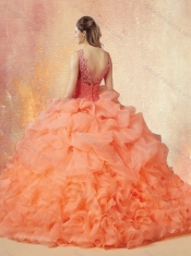 Latest V Neck Beading and Ruffles Sweet 16 Dresses with Brush Train