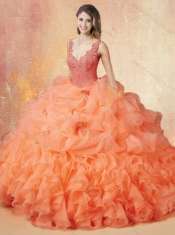 Latest V Neck Beading and Ruffles Sweet 16 Dresses with Brush Train