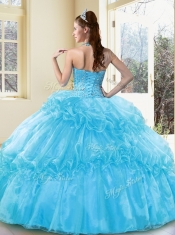 New Style Ball Gown Aqua Blue Sweet 16 Gowns with Beading and Ruffled Layers