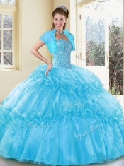 New Style Ball Gown Aqua Blue Sweet 16 Gowns with Beading and Ruffled Layers