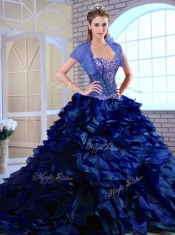 Perfect Brush Train Ruffles and Appliques Quinceanera Dresses in Royal Blue