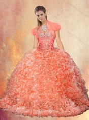 Perfect Brush Train Sweet 16 Dresses with Beading and Ruffles