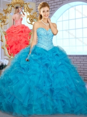 Pretty Ball Gown Teal Quinceanera Gowns with Beading and Ruffles
