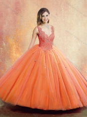 2016 Best Straps Orange Sweet 16 Dresses with Beading and Appliques