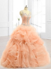 Cheap Straps Beading and Ruffles Quinceanera Dresses in Peach