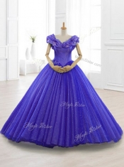 Latest Appliques Cap Sleeves Sweet 15 Dresses in Purple