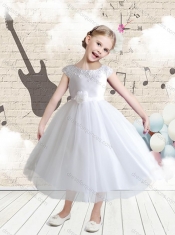 2016 Affordable Cap Sleeves Bateau Flower Little Girl Dress with Appliques
