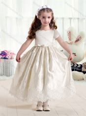 2016 Customized Empire Short Sleeves Flower Little Girl Dress with Lace