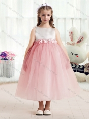 2016 Most Popular Bateau Empire Flower Little Girl Dress with Appliques
