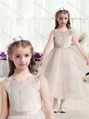 2016 Most Popular Scoop Champagne Flower Little Girl Dress with Appliques