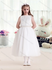 2016 New Arrivals Bateau Beading White Flower Little Girl Dress